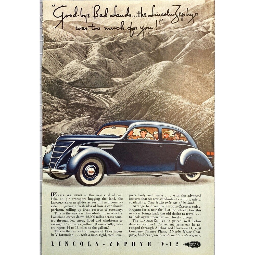 Lincoln Zephyr V-12 "Artwork of Car Driving in Badlands" Vintage Print Ad 1937